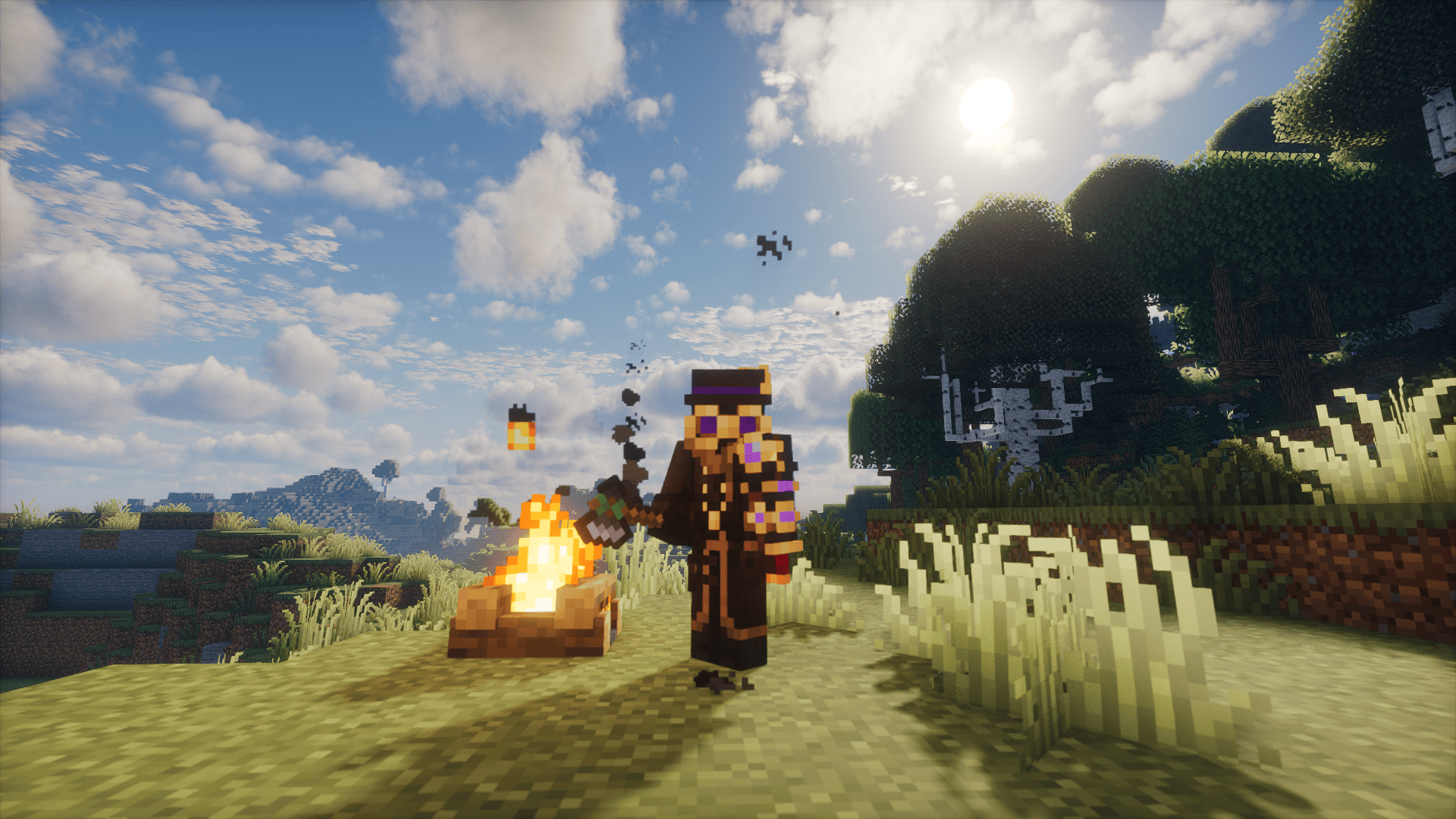 Showcase of a flint axe and Campfire