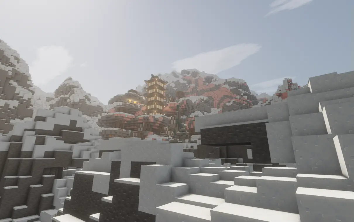 A beautiful sight at the mountains, with a dungeon built on top of them.
