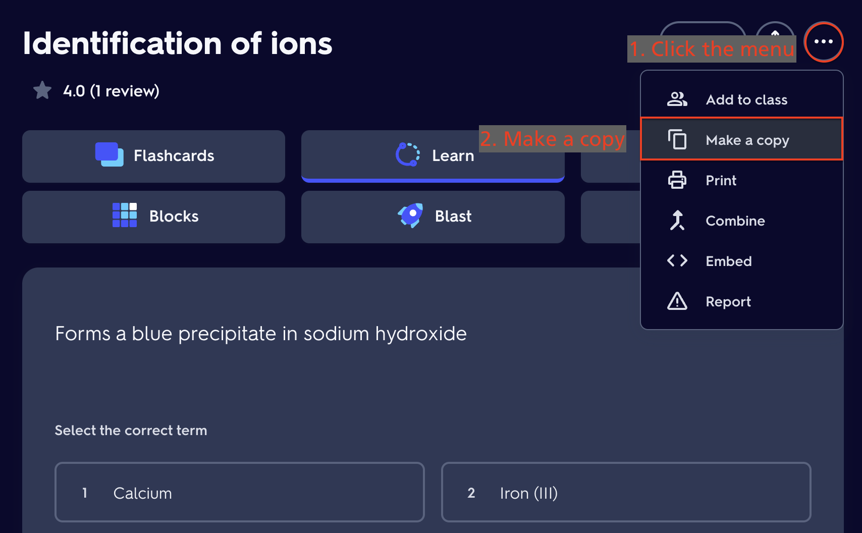 Importing Quizlet set