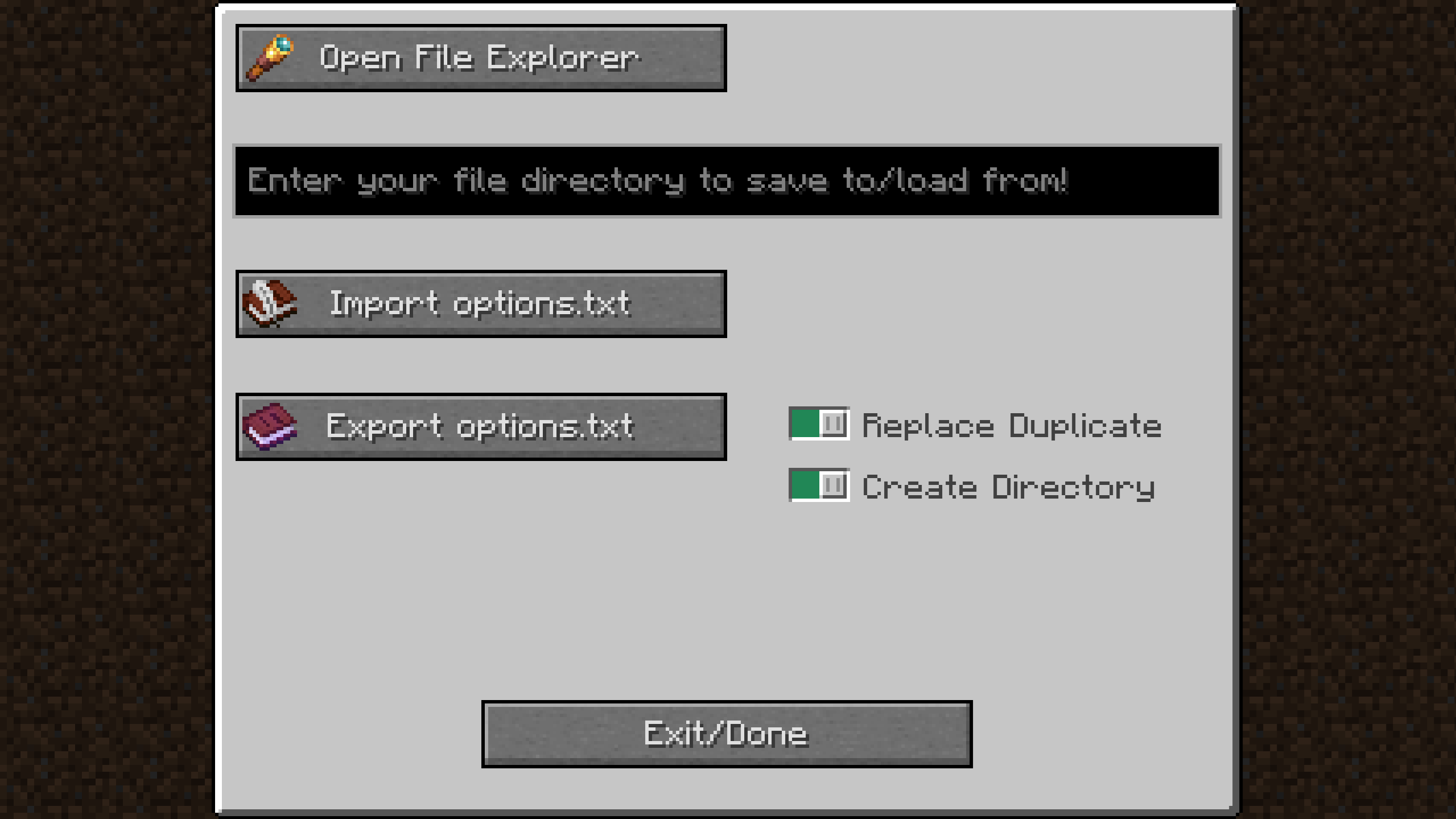 A screenshot of a minecraft menu, with a big white gray box, on this box there are some buttons, sliders and textboxes. The buttons have little icons of minecraft items.