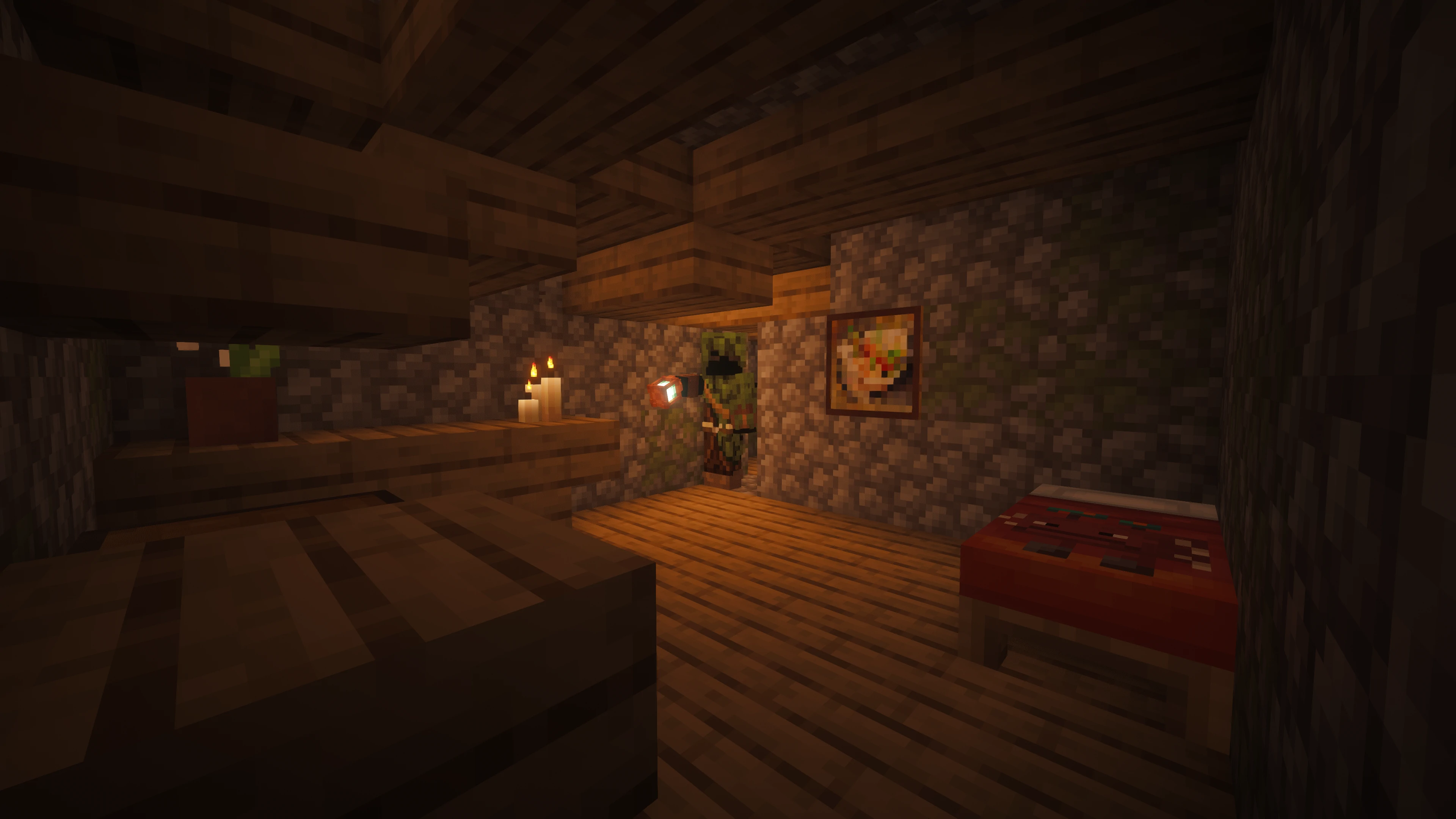 SVC Server在地下房屋中，手持涂蜡铜灯笼。