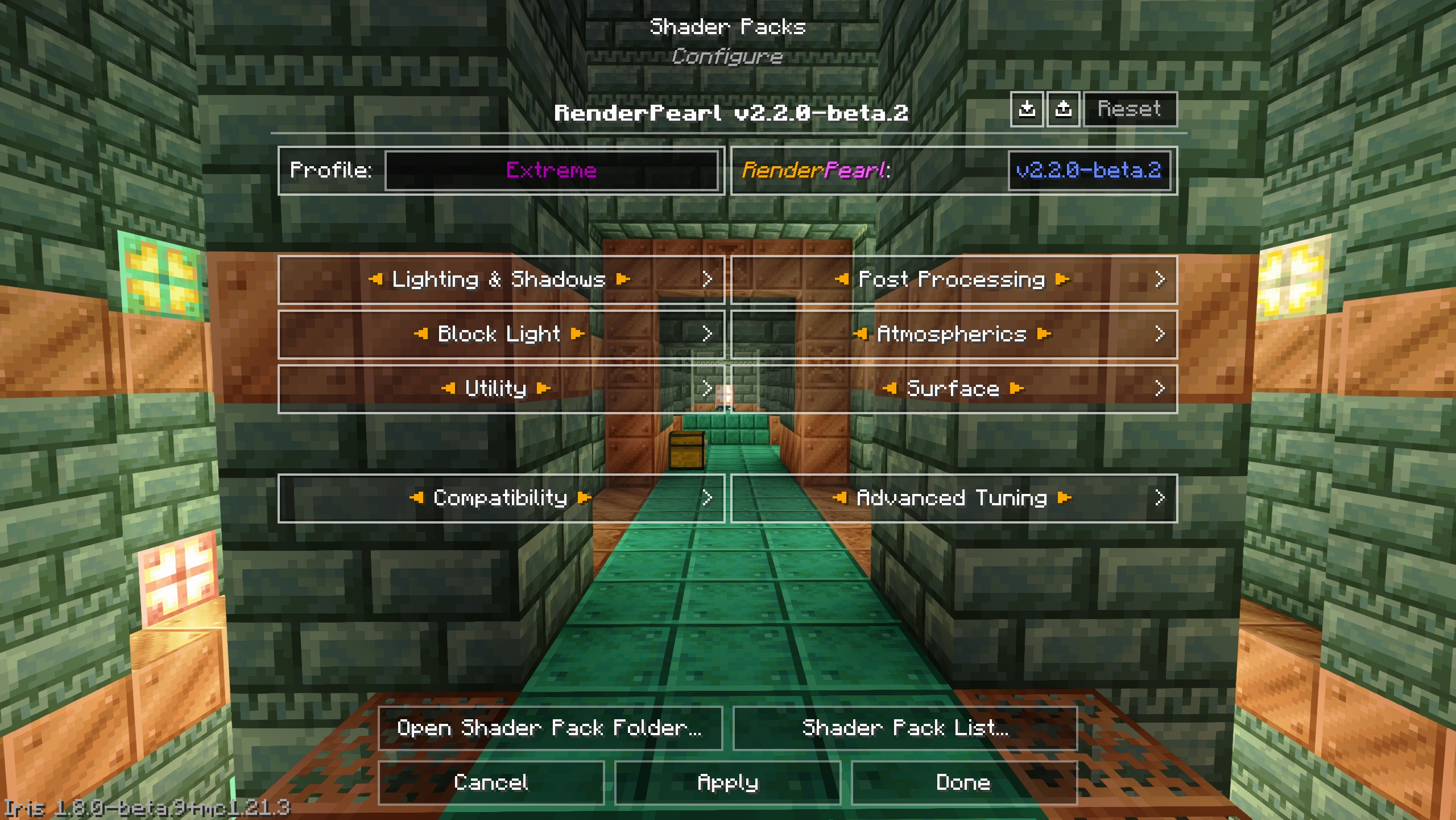 Screenshot of the shader pack options screen