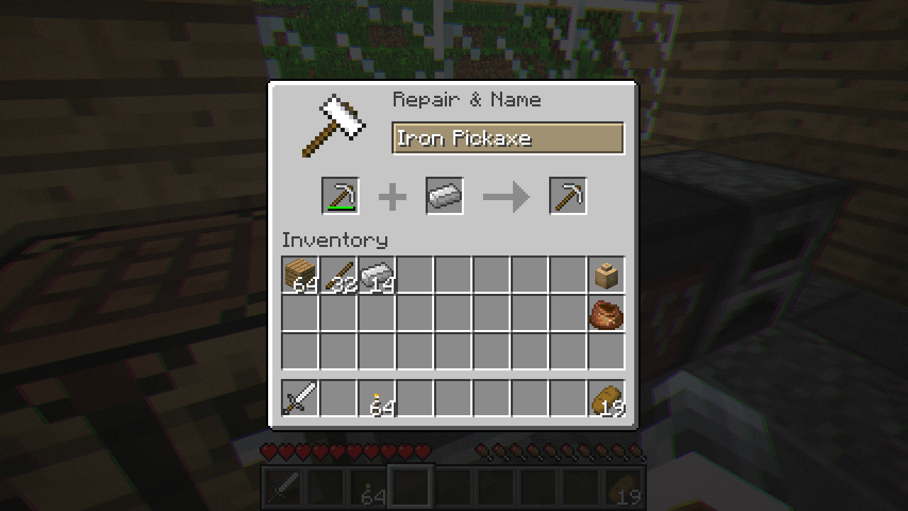 Player repairs an iron pickaxe with a single iron ingot.