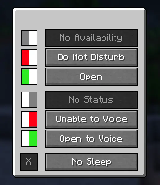 A screenshot of the status menu in game. It looks the same as normal, but the two buttons in the second catgeory that used to say Recording and Streaming now say Unable to VOice and Open to Voice. The color of Open to Voice is green, as opposed to Streaming's purple.