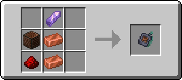 The recipe for the receiver is one redstone, two copper ingots, a noteblock and an amethyst shard.
