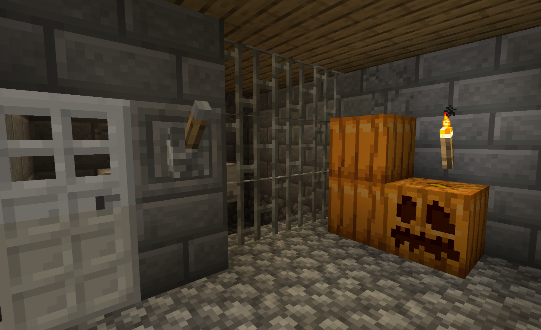 Small underground room with pumpkins and iron blocks.