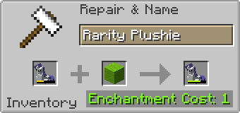 An anvil repair recipe with a damaged Rarity Plushie as the first item. The repair ingredient cycles between a damaged Rarity Plushie and Lime Green Wool.
