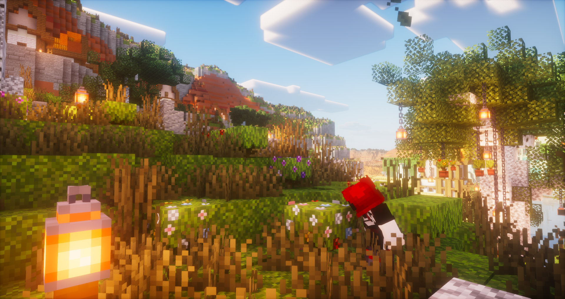 a player looks closely at a bush covered in flowers while standing in a meadow.