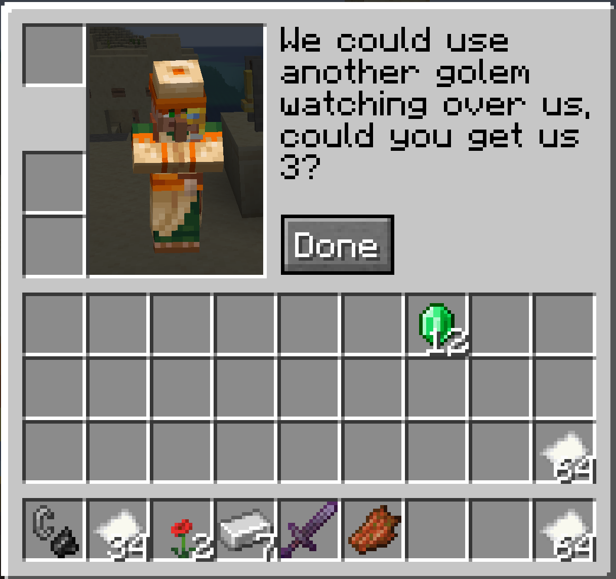 Villager dialog showing a villager requesting that you create 3 iron golems to help the village