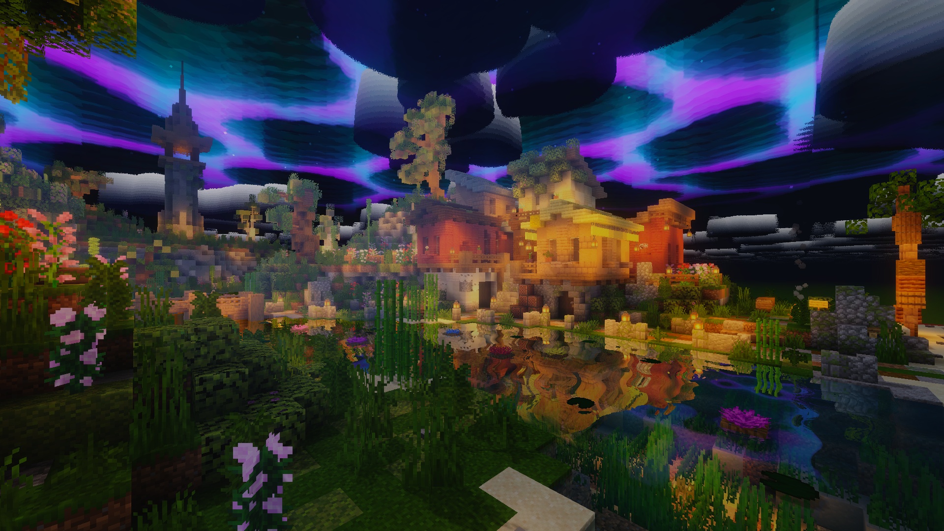 A beatiful stylized Night Time, with auroras, pretty clouds, water reflections, in a pretty tiny town, with flowers and cool grass