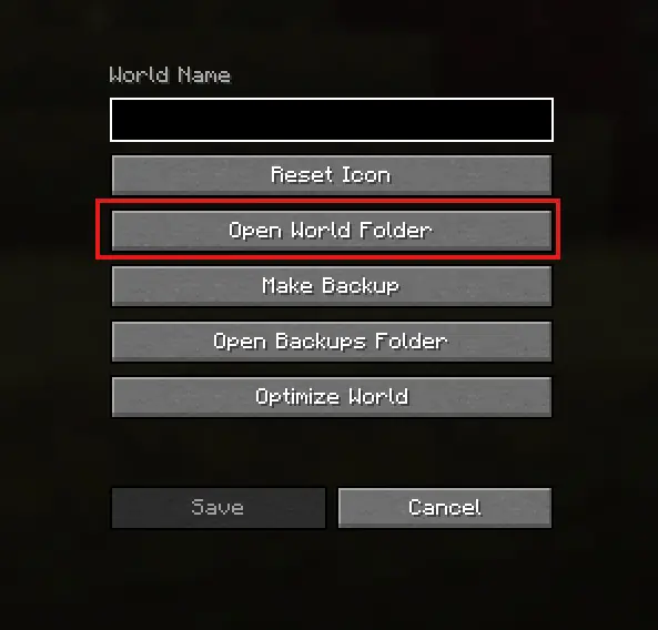 Image of the World Edit Page with the Open World Folder button circled