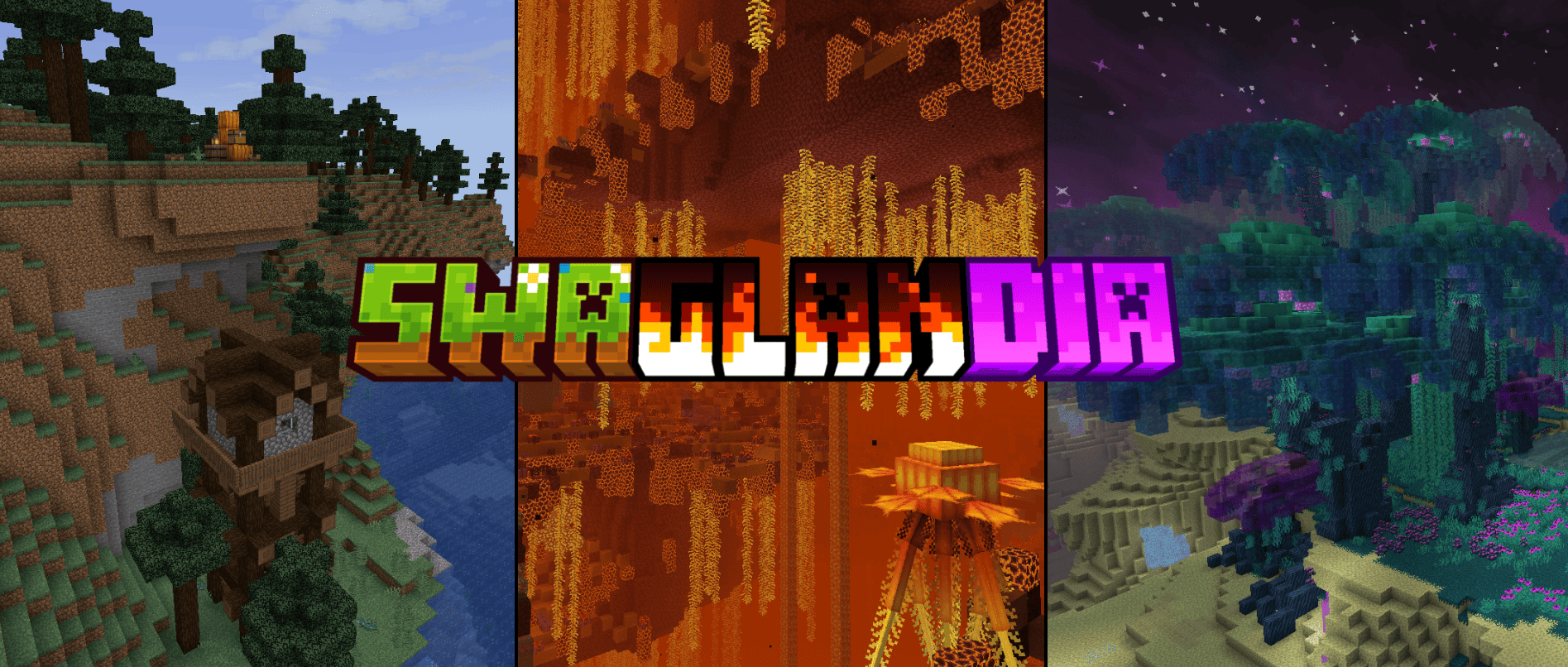 Image showing the overworld, nether and end with text saying 