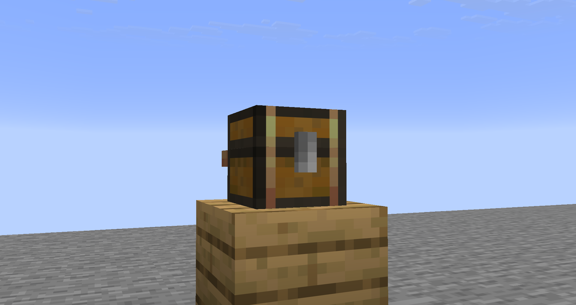 A Backpack resembling a tiny Chest sitting on some Oak Planks.