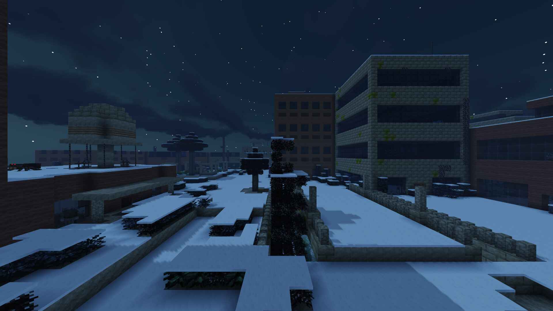 A ruined city with buildings extending into the distance
