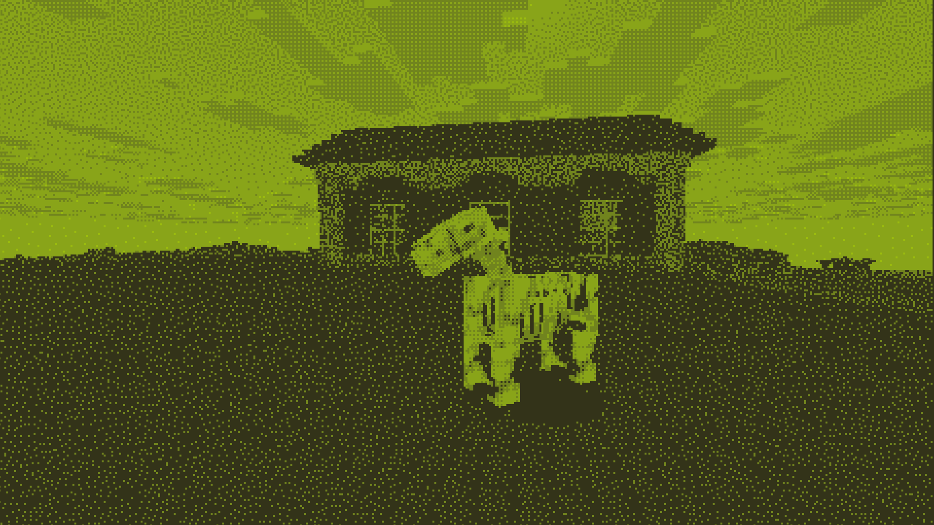 A skeleton horse with a gameboy shader