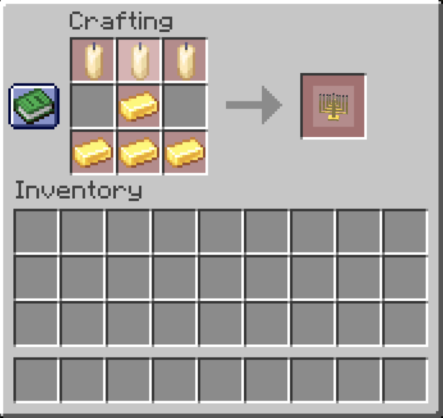 The recipe to make a hannuka menorah, top row is candles, in the middle theres one gold ingot and the bottom row is gold ingots