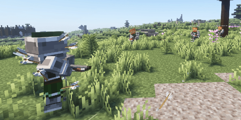 Scene over the shoulder of player mercenary, with enemy mercenaries in the distance