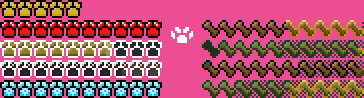A picture showing all variations of hearts and hunger bar, and a crosshair