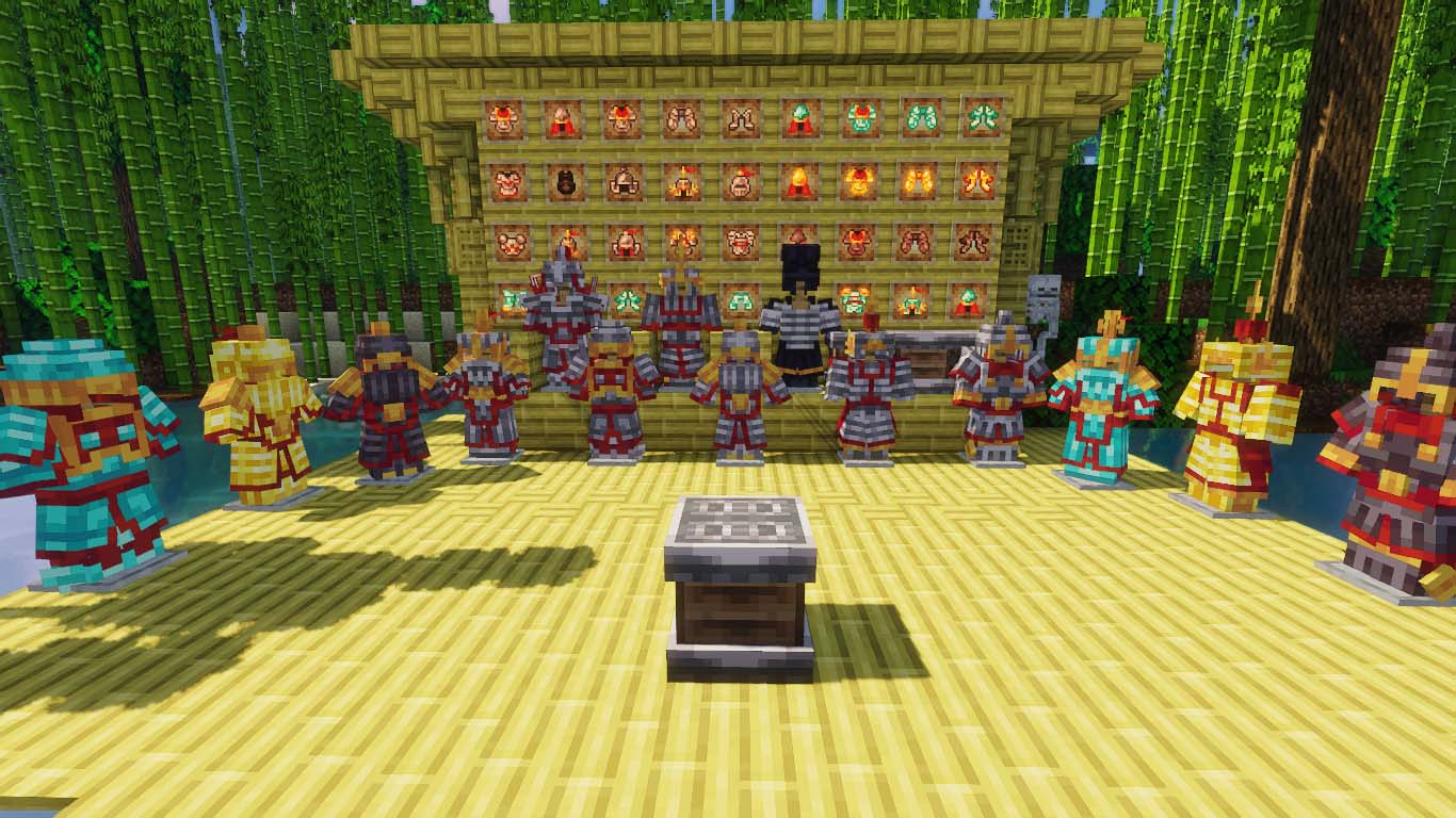 Bamboo forest scene: Iron, diamond, gold, and netherite Chinese armors surround a central armor forging table on a bamboo plank floor.