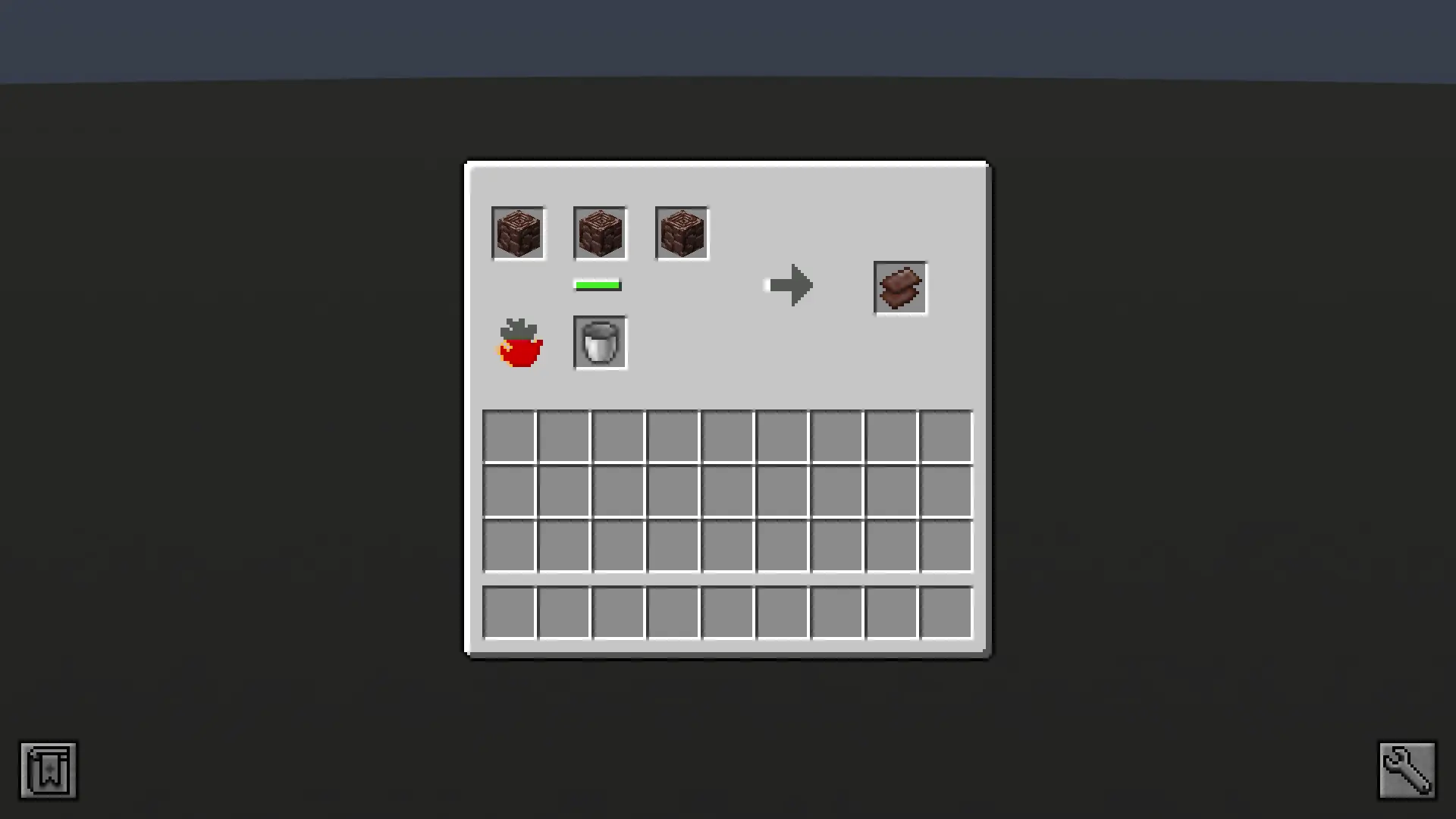 The Netherite Workbench GUI. There is an empty bucket in the fuel slot, 1 ancient debris in input slots 1, 2, and 3. and 1 netherite scrap in the output slot. The heat bar is full and green, and the fuel bar is 2/3 of the way full.