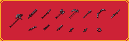 An Array of dark weapons on a red background