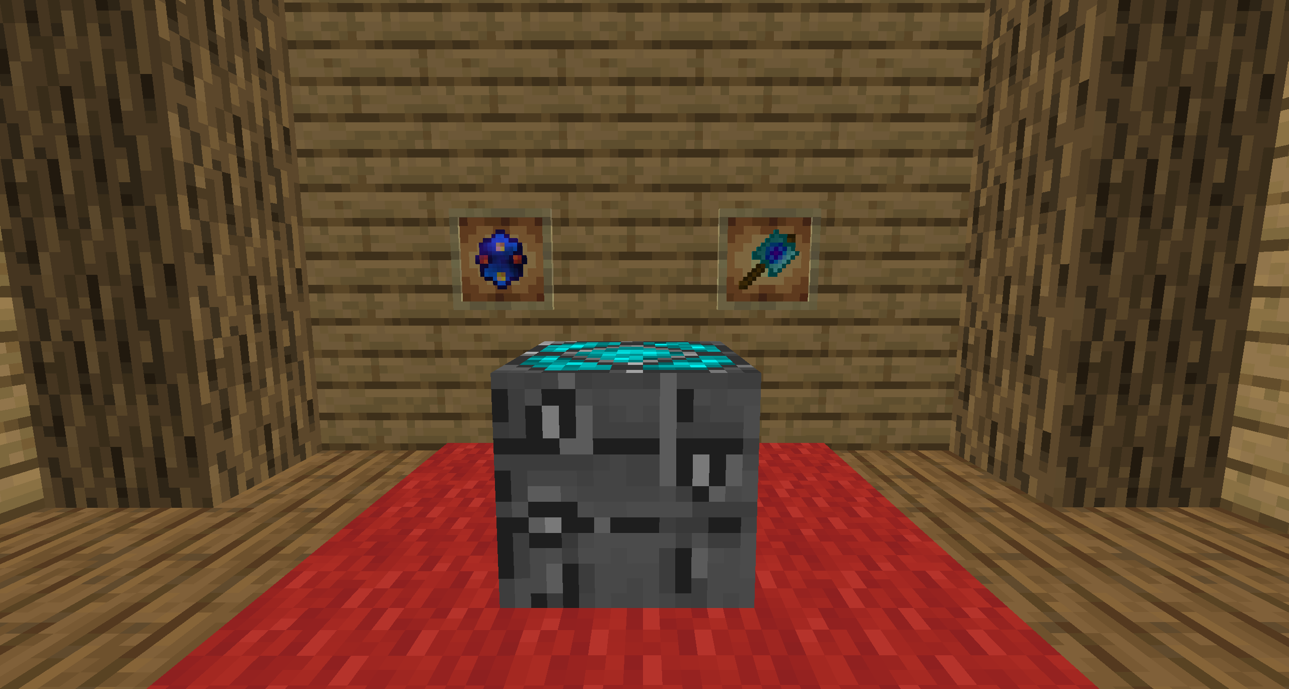 2 item frames holding the portal crystal and the other holding the portal transceiver. In the middle is there the block of portal connector