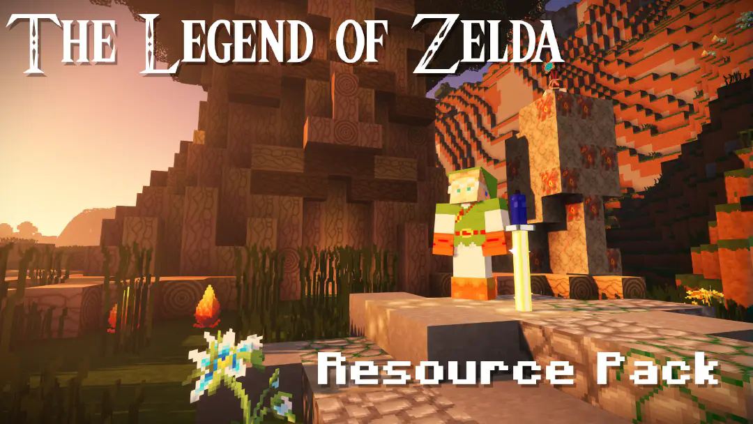 A block-built creation of the Master Sword in its pedestal. The Great Deku Tree is behind it, and "Link" stands ready to pull the sword. In white text, "The Legend of Zelda" is at the top-left of the image.