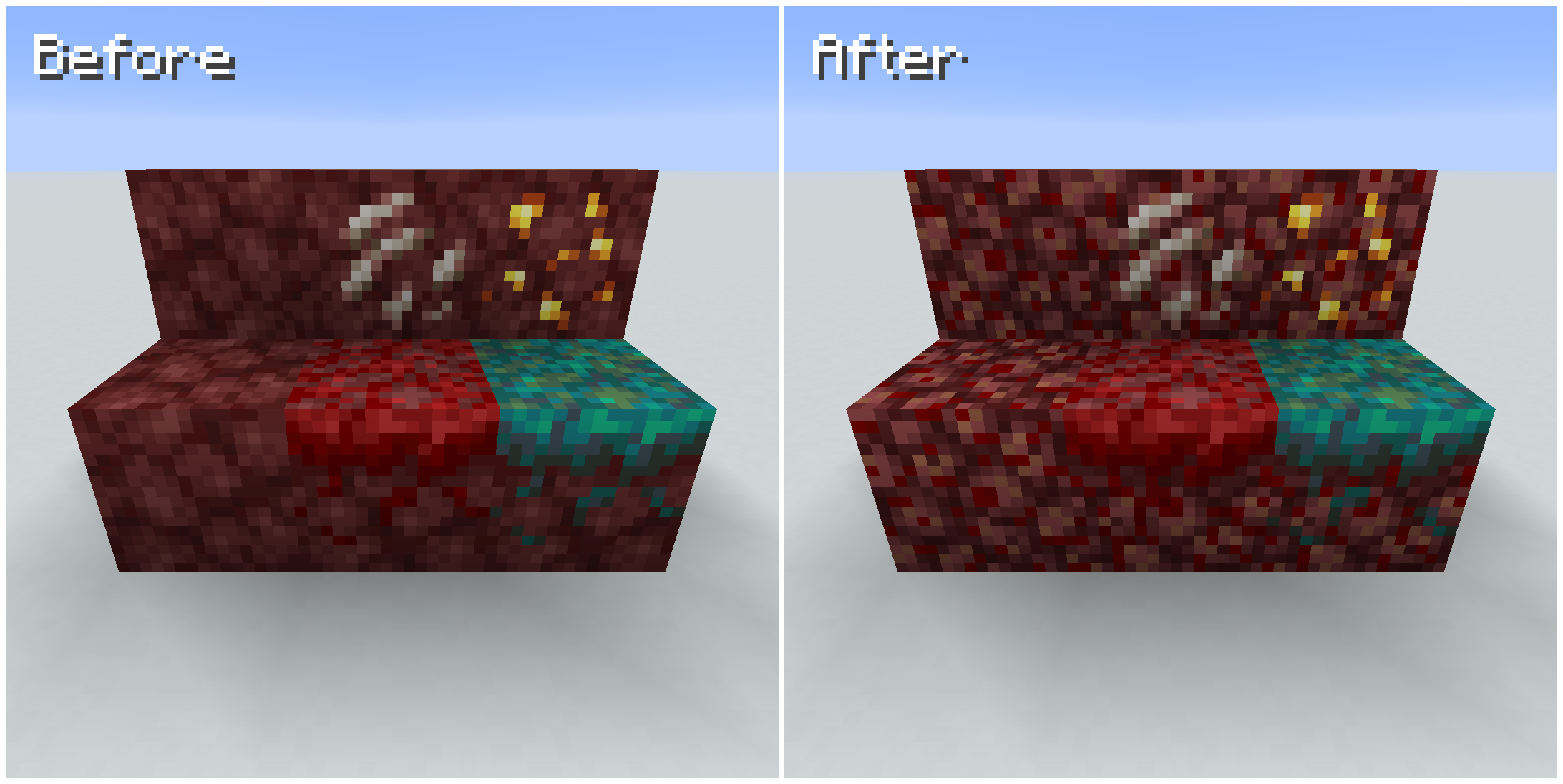 A comparison of the netherrack blocks with and without the resource pack