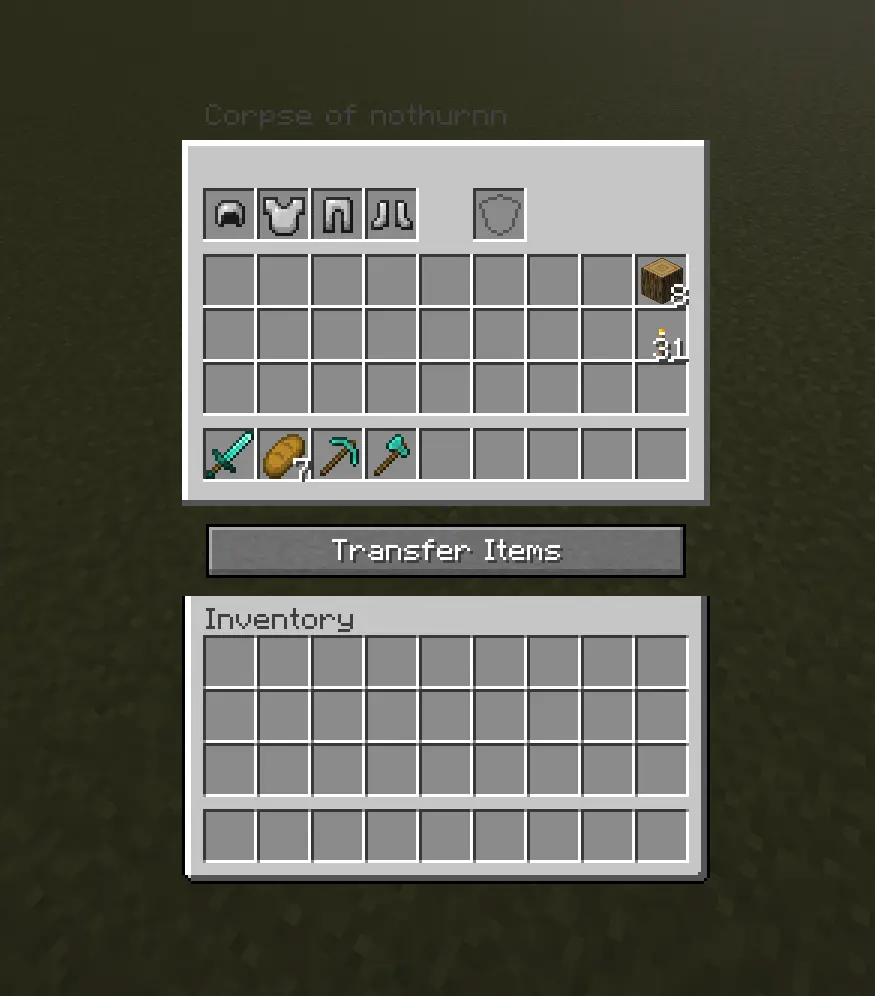 Screenshot of the Corpse: Refined inventory screen, titled "Corpse of nothurnn". The top row shows four armor slots (helmet, chestplate, leggings, boots) followed by a gap and a separate offhand slot. Below that is a 4-row storage grid holding a sword, a piece of bread, a pickaxe, an axe, a stack of wood, and a stack of gold nuggets, with the rest of the slots empty. A "Transfer Items" button sits below the storage grid, followed by the player's own empty inventory at the bottom.