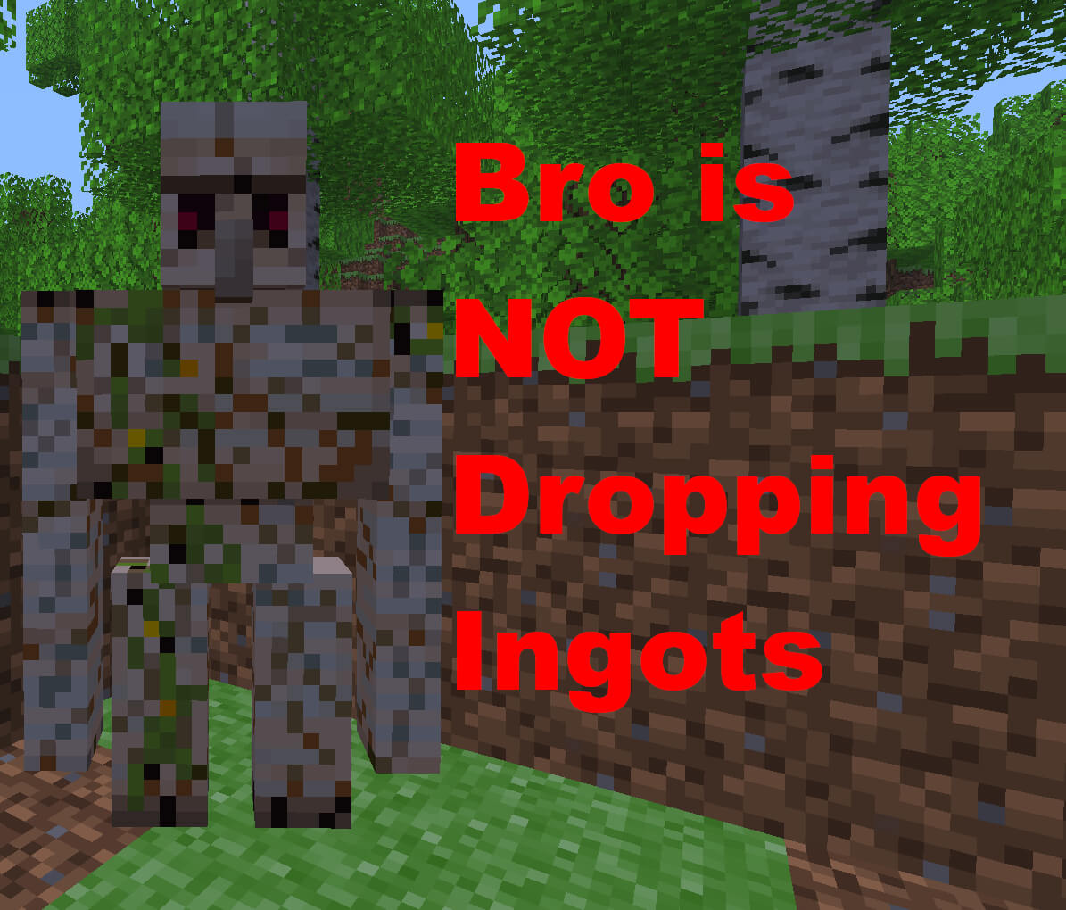 The image is a play on the "Does he know" and "What is he cooking" style thumbnail memes, but it is about iron golems not dropping iron and instead dropping nuggets.