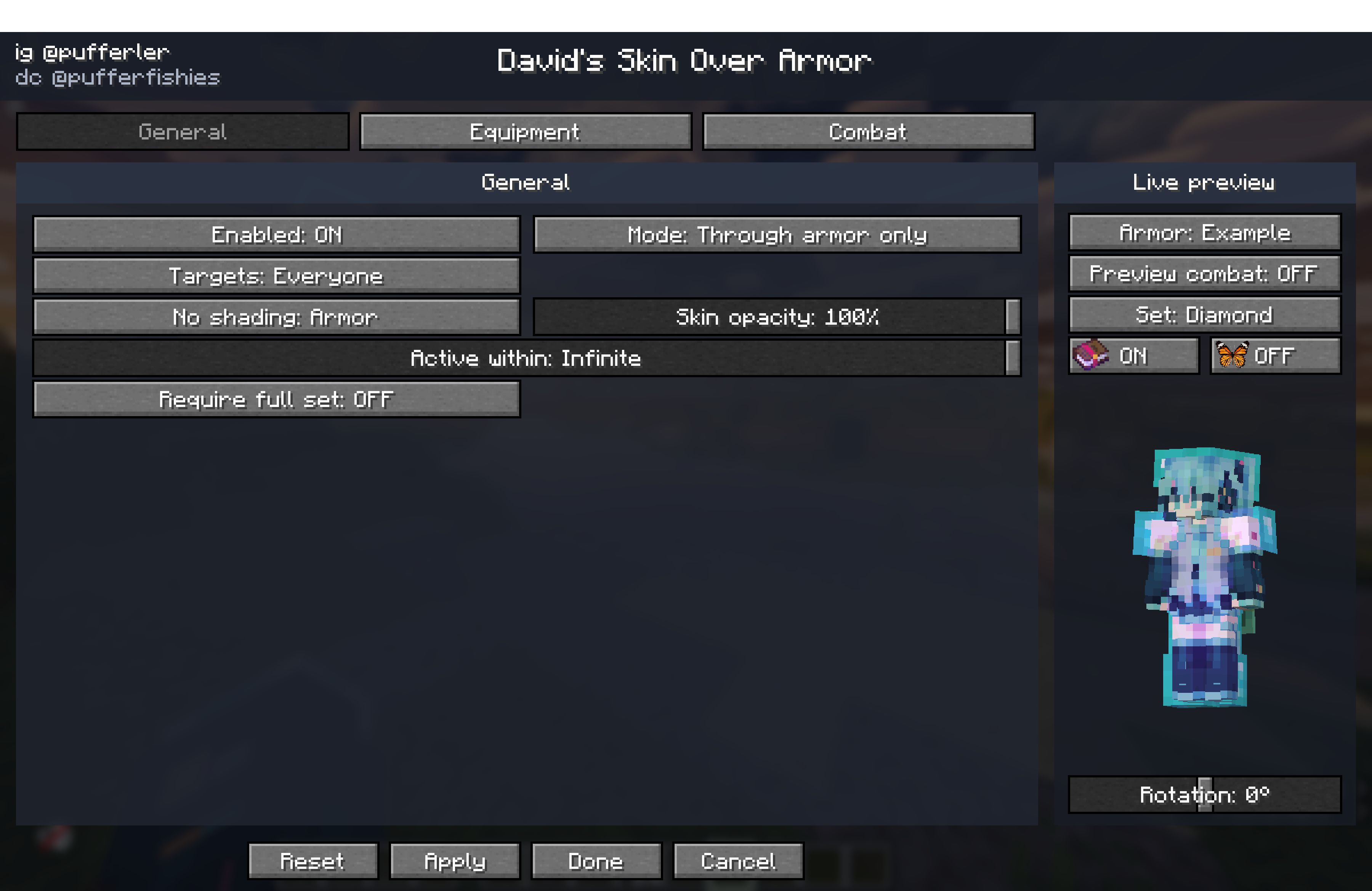 The general tab in the mod menu which includes lots of options like toggling the mod, switching the configuration, and a live preview