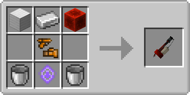 Recipe for the Dragon's Fury. Iron Block top left, Iron ingot top middle, Redstone Block top right, Illegal Gun Parts middle, Bucket bottom left, Essence of Despair bottom middle, Bucket bottom right