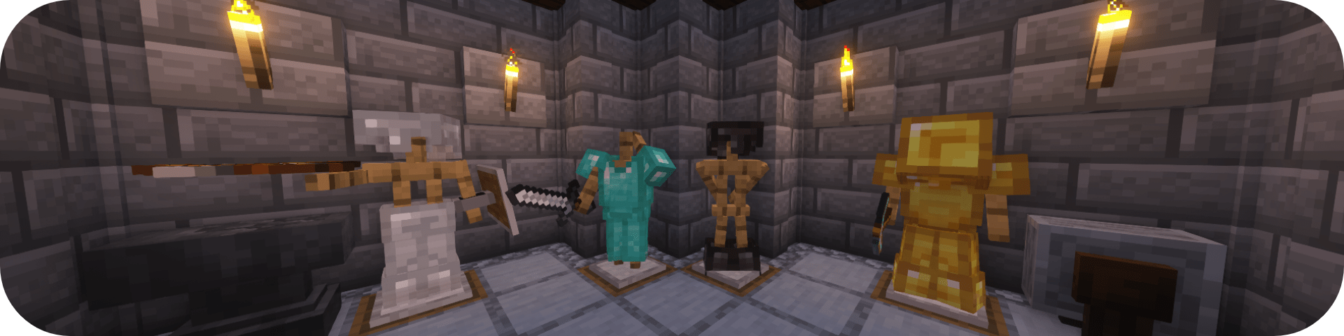 An armory, showcasing the mod Armor Statues