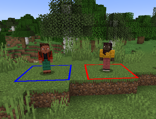 Two players standing in seperate areas of tiles, one is blue, the other one is red