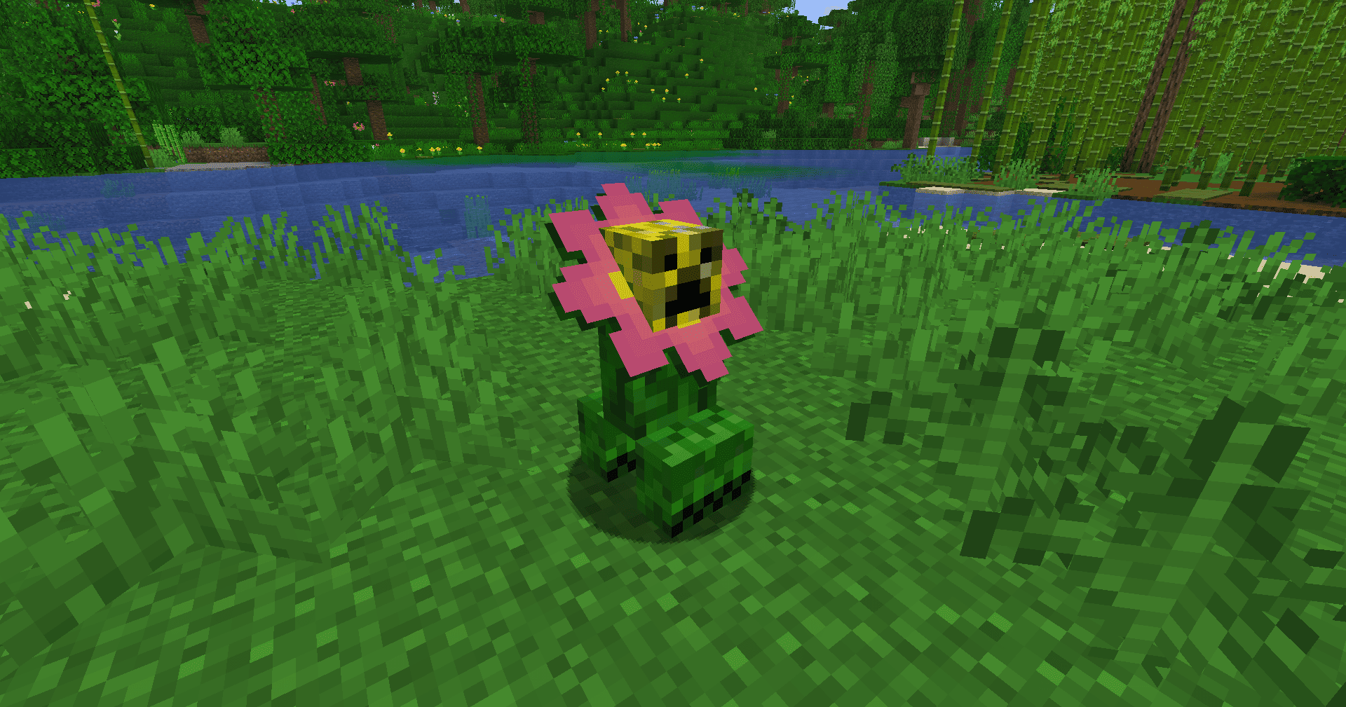 Plumeria standing in a field, with a river in the background"