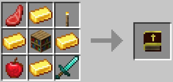 Crafting recipe consists of 1 mutton, 4 gold bars in cross shape, 1 torch, 1 bookshelf, 1 apple and 1 diamond sword