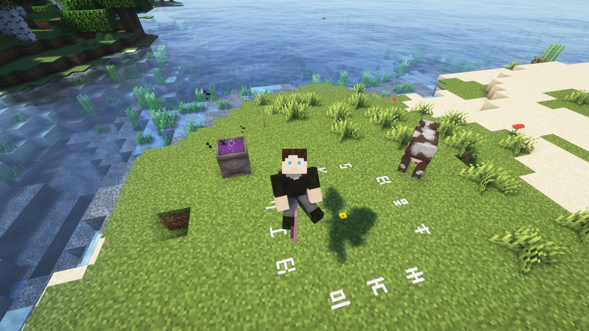 A player is riding a broom above a ritual circle. There is a bubbling purple liquid filled cauldron behind him.