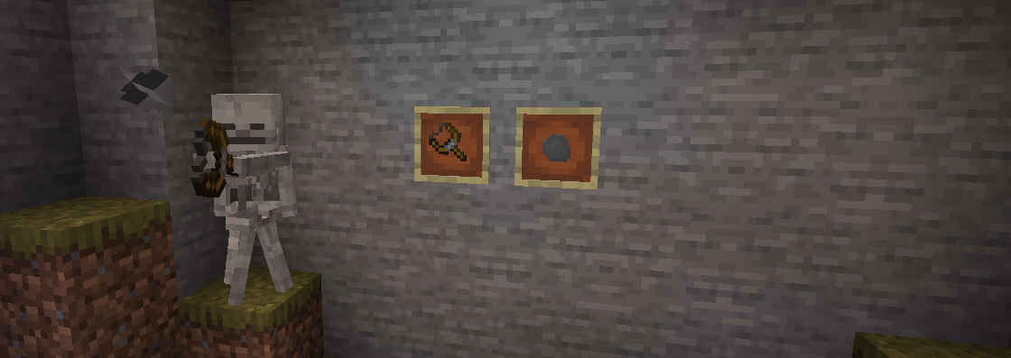 Preview Image, containing Skeleton shooting a slingshot and the pebble and slingshot item in item frames.
