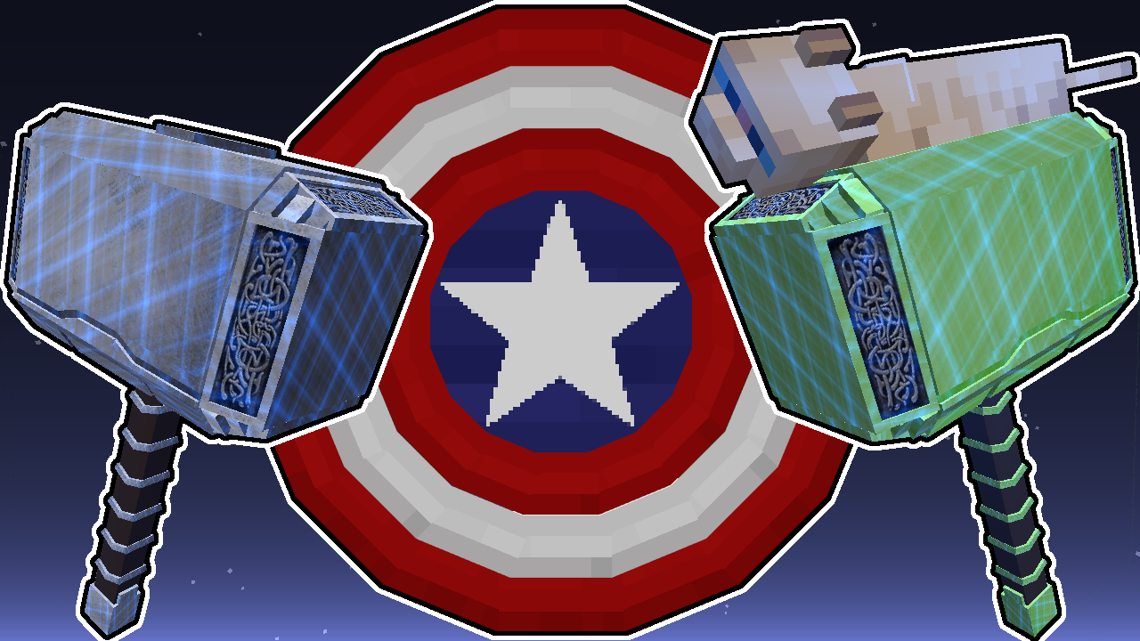 Close-up of Captain America's Shield, with Mjolnir and Meownir to its right and left
