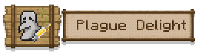Plague Delight logo -- a plague doctor next to a yellow vaccine and green flecks on a wooden sign next to text that says "{Plague Delight"