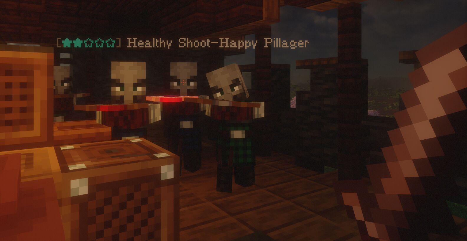 Three pillagers. The focused one has an indicator above its head indicating his superior level and special attributes
