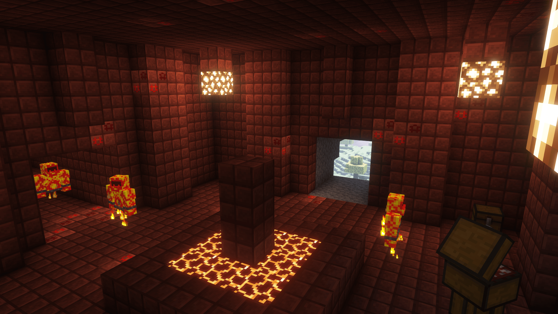 a red room with glowstone lanterns and fiery monsters