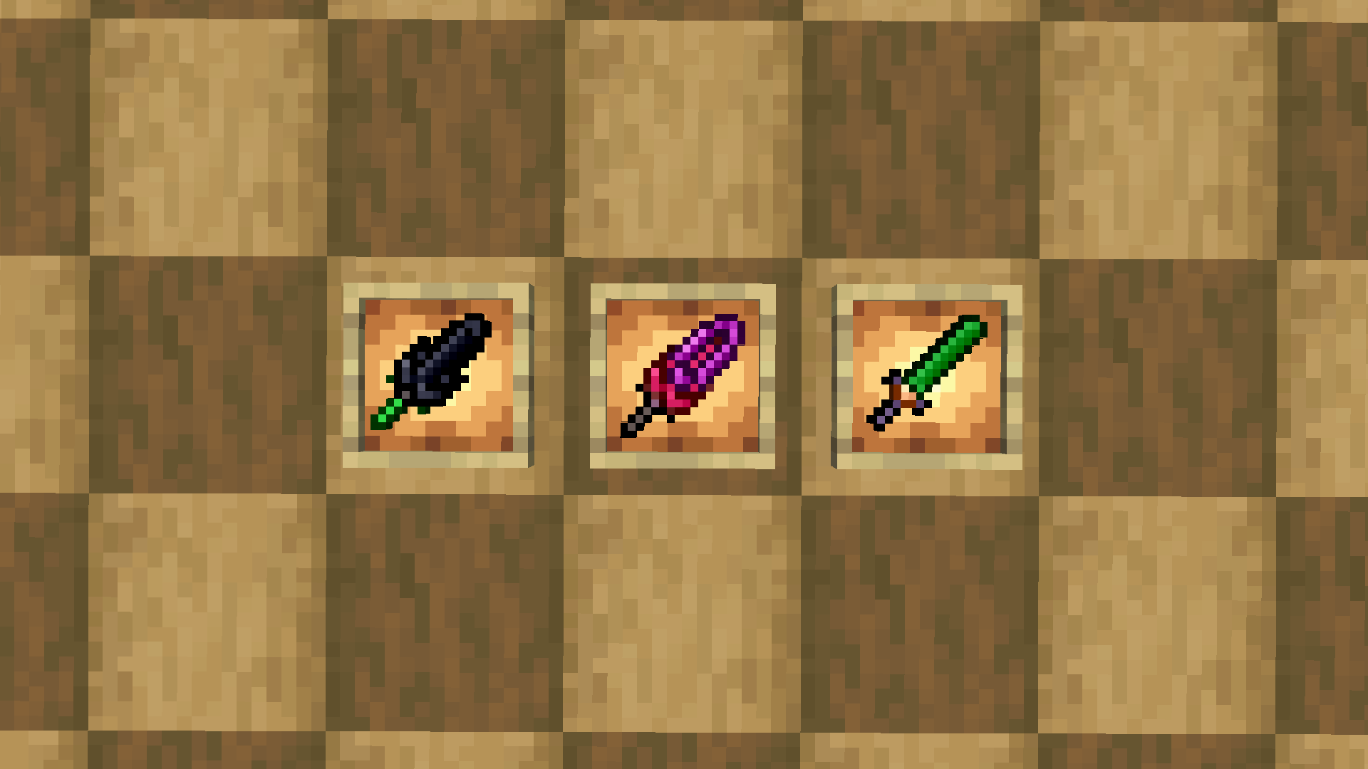 In Order: Batrachite Sword, Cardinal Amethyst Sword, Forest Prism Sword