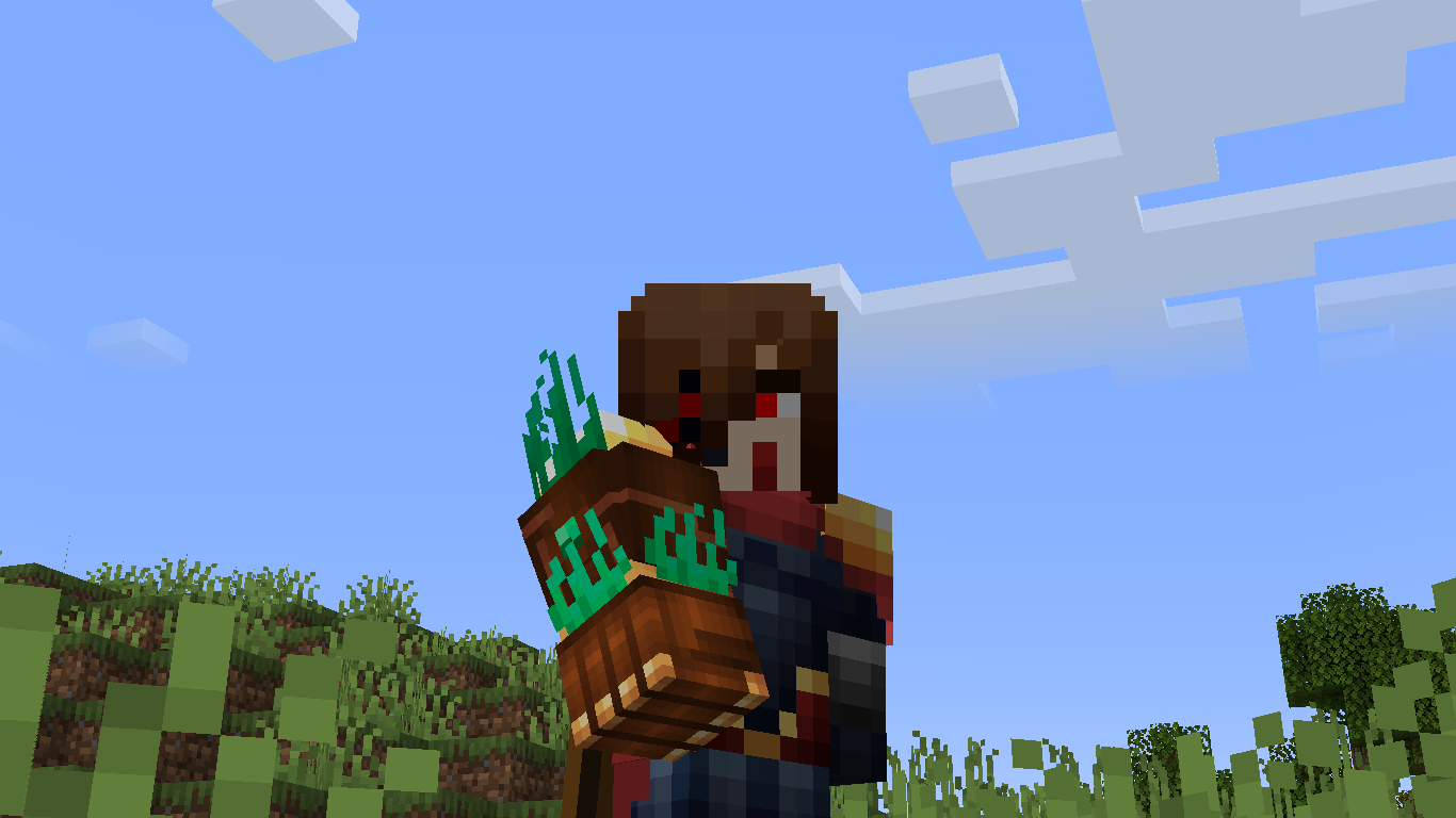 A player holding a orange gauntlet with green aura in a plains biome