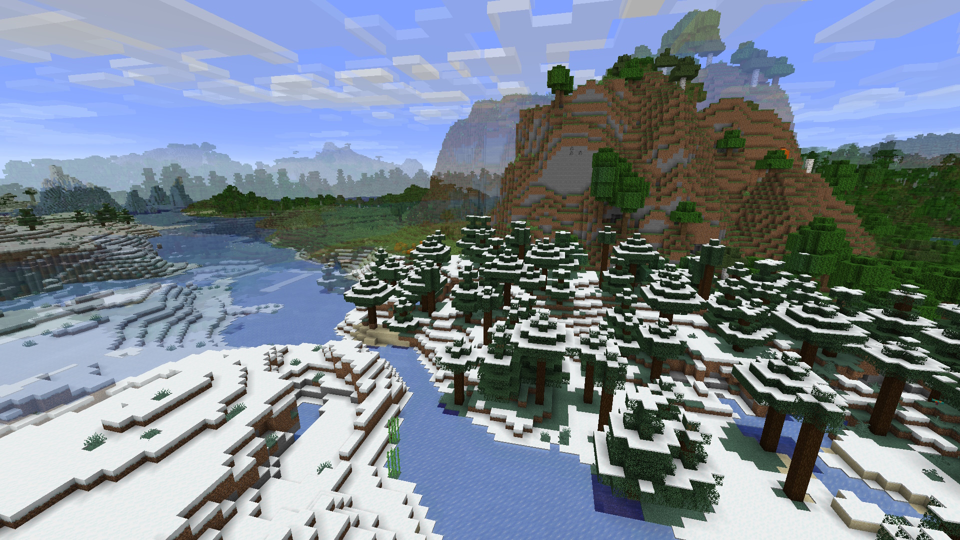 Screenshot of Minecraft with three worlds overlayed on top of each other. The bottom section of the image, which shows chunks close to the spawn point, remains the same.