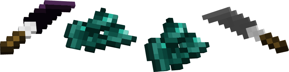 Two ender pearl pieces at the middle and obsidian knife on the left and enderite knife on the right