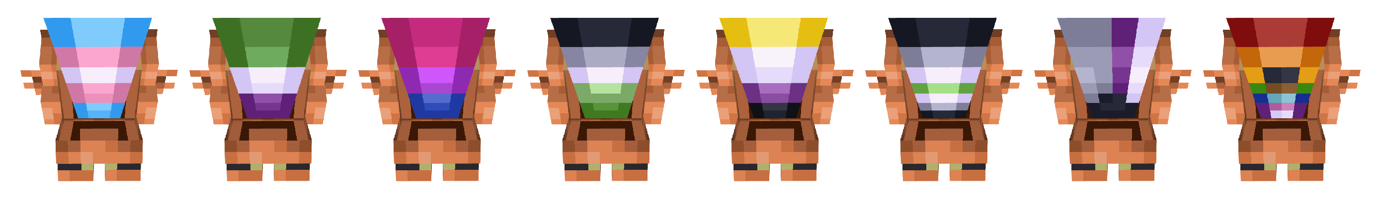 A series of upside down Minecraft frogs looking at the viewer with their toungues out, their toungues are painted in various patterns representing Pride flags.