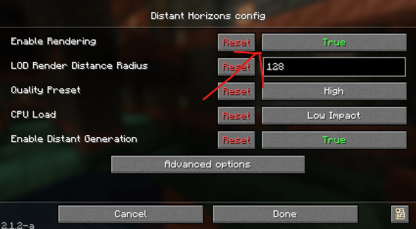 A screenshot of the Distant Horizons config, with a red arrow pointing at the Enable Rendering option, indicating that it must be toggled from true to false to disable Distant Horizons.