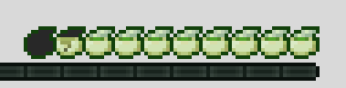 17 hunger points, or 8.5 cups of coffee, with the hunger effect. Full is represented by a steaming, mint-colored mug with matcha inside. Half is represented by a chipped mug with nothing inside.