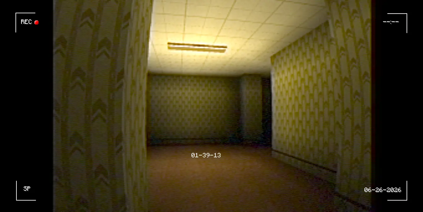 An An image showing the backrooms built with the mod's building blocks with a ceiling light.